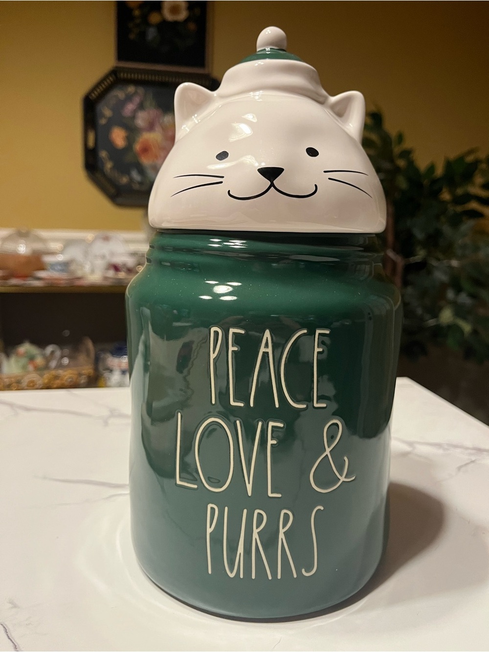 Rae Dunn Peace Love & Purrs Figural Cat Canister